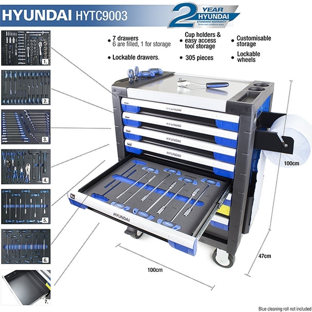 Hyundai HYTC9003 305 Piece 7 Drawer Caster Mounted Roller Tool Chest Cabinet