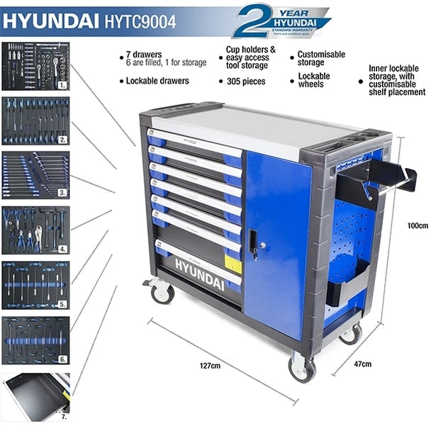 Hyundai 305 Piece 7 Drawer Caster Mounted Roller Premium Tool Chest Cabinet With XXL Stainless Steel Top HYTC9004