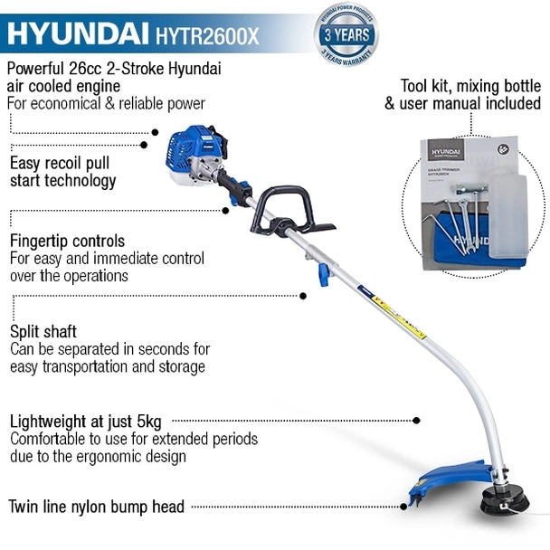 Hyundai Split Shaft 38cm Cutting Width 26cc Petrol Grass Trimmer HYTR2600X