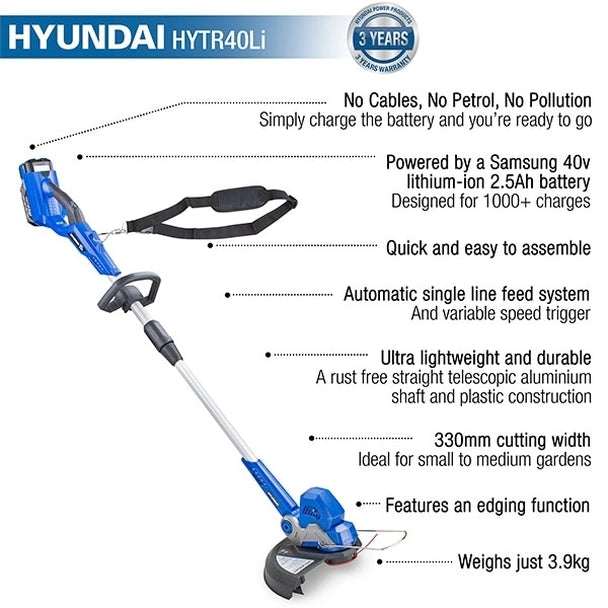 Hyundai 40v Lithium-ion Cordless Grass Trimmer With Battery and Charger HYTR40LI