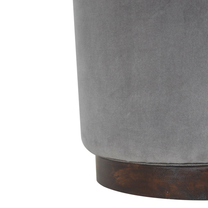 Grey Velvet Footstool With Wooden Base