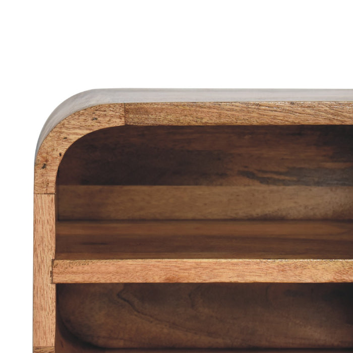 Open Curved Oak-ish 2 Drawer Wall Mounted Bedside