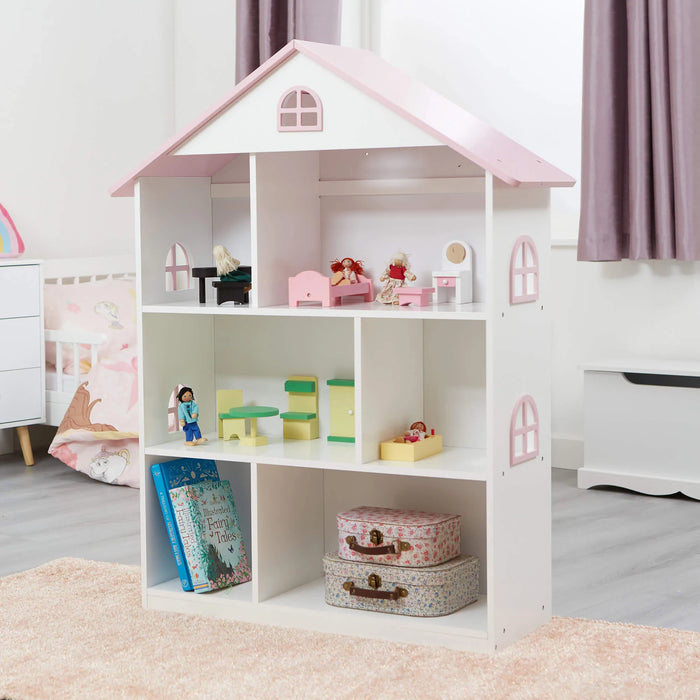 White Dolls House Bookcase With Pink Roof