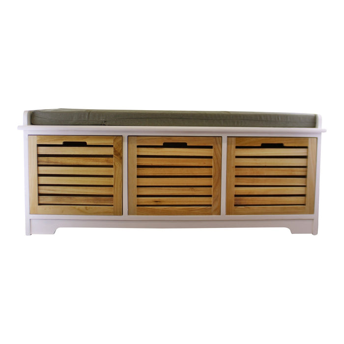 White & Natural 3 Drawer Storage Bench With Grey Cushion