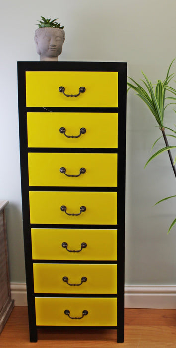 Yellow Tall Cabinet with 7 Drawers 38 x 26 x 110cm