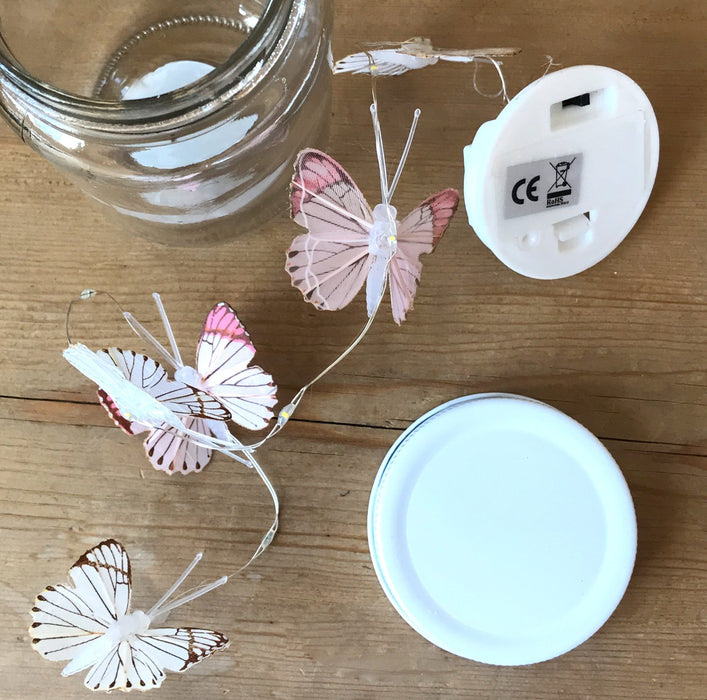Butterfly Led Light Chain In Glass Jam Jar - Pink