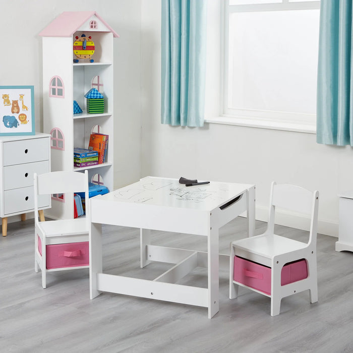 White Table and Chairs with Pink Storage Bins