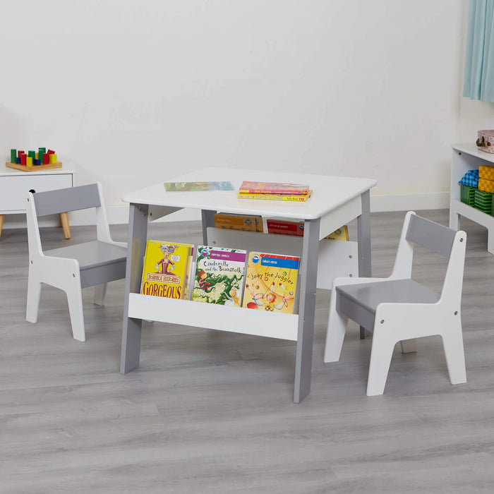 Kids White and Grey Bookshelf Table and Chair Set