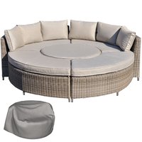 5 PCs Outdoor Rattan Lounge Chair Round Daybed Table Conversation Set w/ Cushion