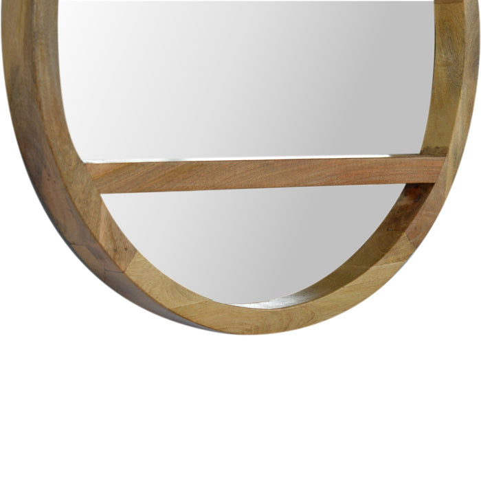 Wooden Round Mirror With 1 Shelf