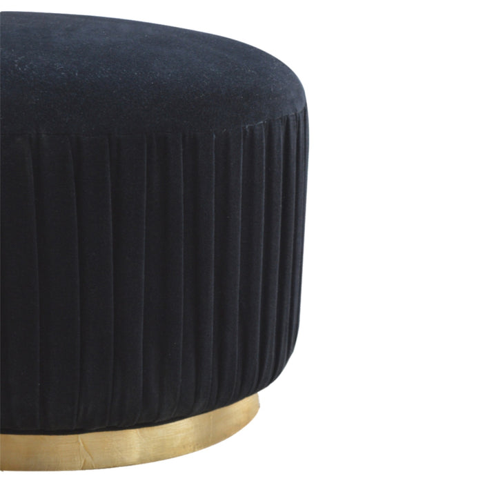 Black Cotton Velvet Pleated Footstool with Gold Base