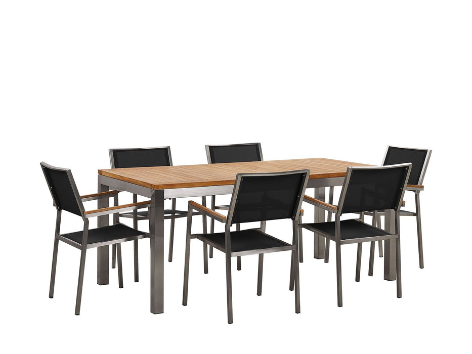 6 Seater Garden Dining Set Teak Wood Top with Black Chairs